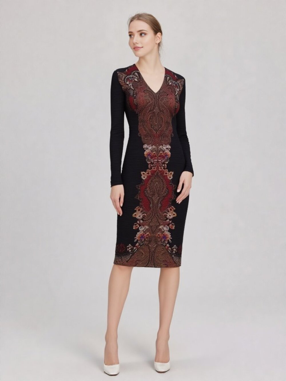 ETRO stretchy wool  black & burgundy Long Sleeve cone Dress IT 42 US 4/6 - Picture 3 of 17